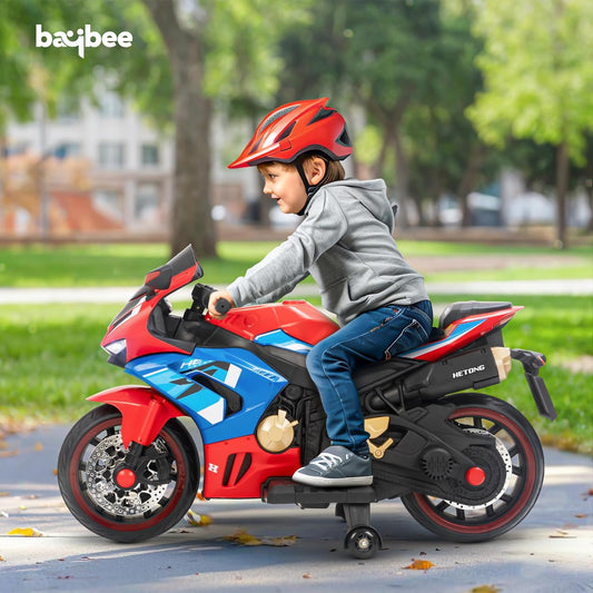 BAYBEE Hetong Baby Battery Operated Ride-On Bike for Kids | Electric Racing Bike with Hand Accelerator, Music & LED Lights | 3 to 8 Years (Red)