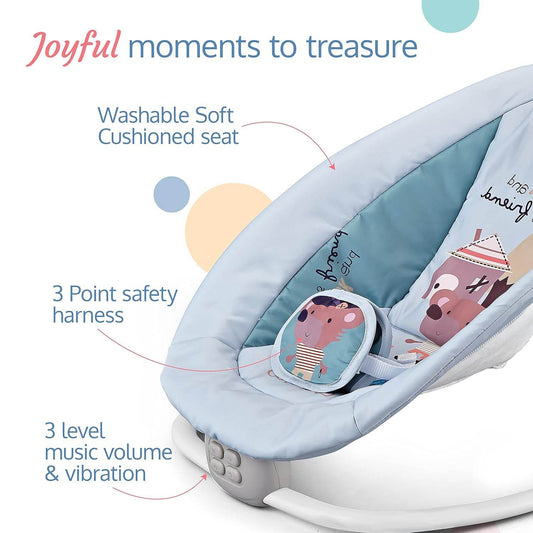 LuvLap Joy-N-Giggles Infant Rocker – Gentle Vibration, Soft Music, Rotating Toy Bar & Remote Control, 3-Point Harness (Grey) - Timbuktoon