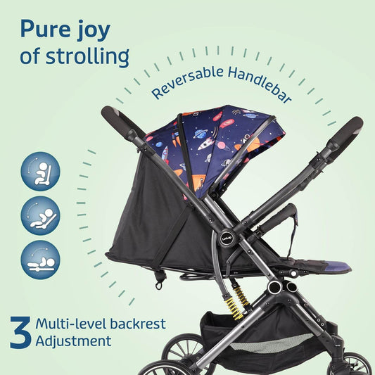 LuvLap Alpha Baby Stroller – One-Hand Fold, Reversible Handlebar, Multi-Position Recline & Adjustable Footrest, for 0–3 Years (Blue) - Timbuktoon
