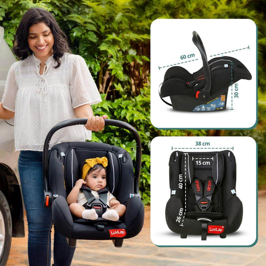 LuvLap 4-in-1 Convertible Baby Car Seat – Carry Cot, Rocker & Feeding Chair with Canopy & 5-Point Harness, for 0–15 Months, Up to 13 kg (Black) - Timbuktoon