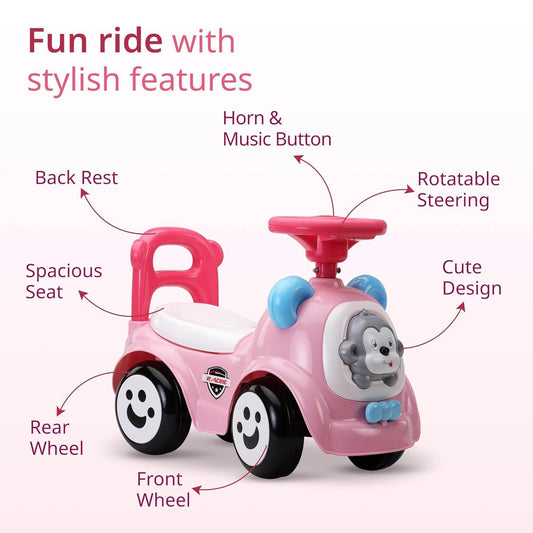 LuvLap Sunny Baby Ride-On – Musical Push Car with Steering Horn, Big Wheels, Storage Space & Safety Rails, for 1 to 3 Yrs (Pink) - Timbuktoon
