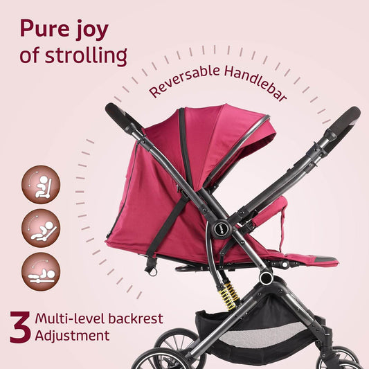 LuvLap Alpha Baby Stroller – Easy One-Fold Pram with Reversible Handle, Adjustable Recline & Footrest, for 0–3 Years (Red) - Timbuktoon