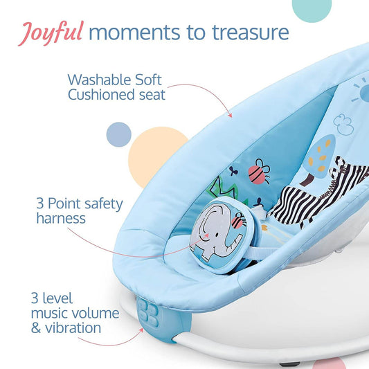 LuvLap Joy-N-Giggles Infant Rocker – Gentle Vibration, Soft Music, Rotating Toy Bar & Remote Control, 3-Point Harness (Blue) - Timbuktoon