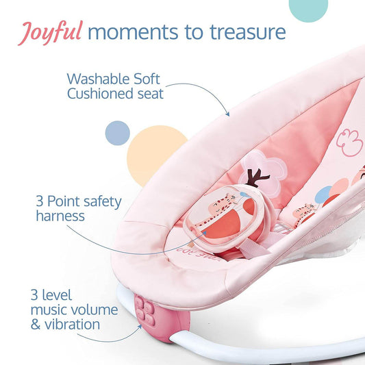 LuvLap Joy-N-Giggles Infant Rocker – Gentle Vibration, Soft Music, Rotating Toy Bar & Remote Control, 3-Point Harness (Pink) - Timbuktoon