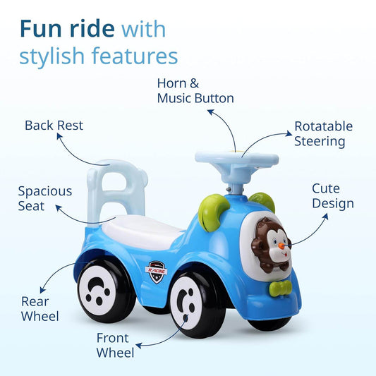 LuvLap Sunny Baby Push Ride-On – Musical Car with Steering Horn, Protective Rails, Seat Storage & Large Wheels (Blue) - Timbuktoon