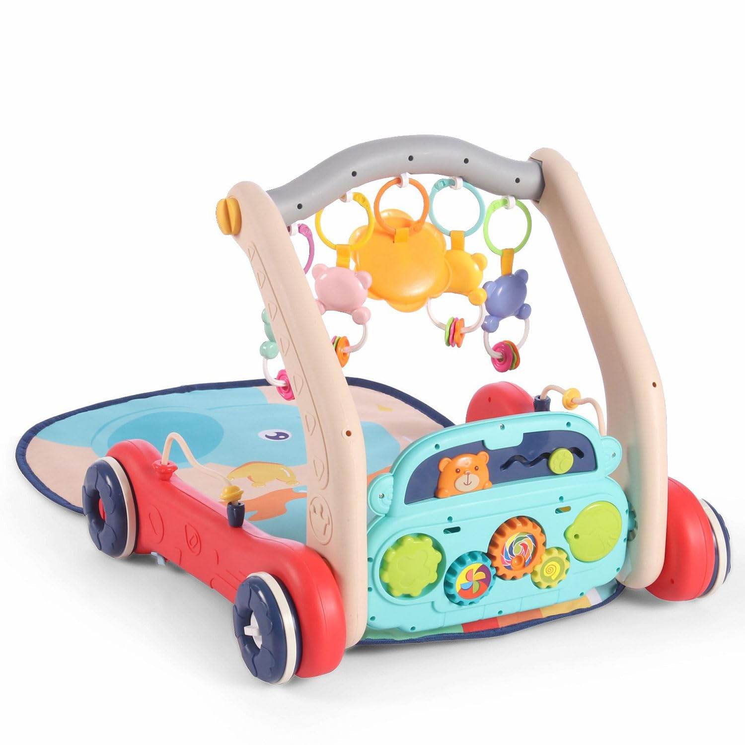 2 in 1 Musical Baby Play Gym with Convertible Push Walker| Walker with Play Piano, Lights, Rattles & Tummy Time Mat for 2 Months+ Babies| 3 Play Modes Interactive Learning Toy for Kids| Sit to Stand Multi Activity Walker - Timbuktoon