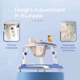 R for Rabbit Little Feet Plus Baby Walker with Rocker | 3-Level Height & 4-Level Seat Adjustment | With Detachable Toy Bar & Rocking Function | for Babies 6–18 Months, Up to 15 kg (Blue White)