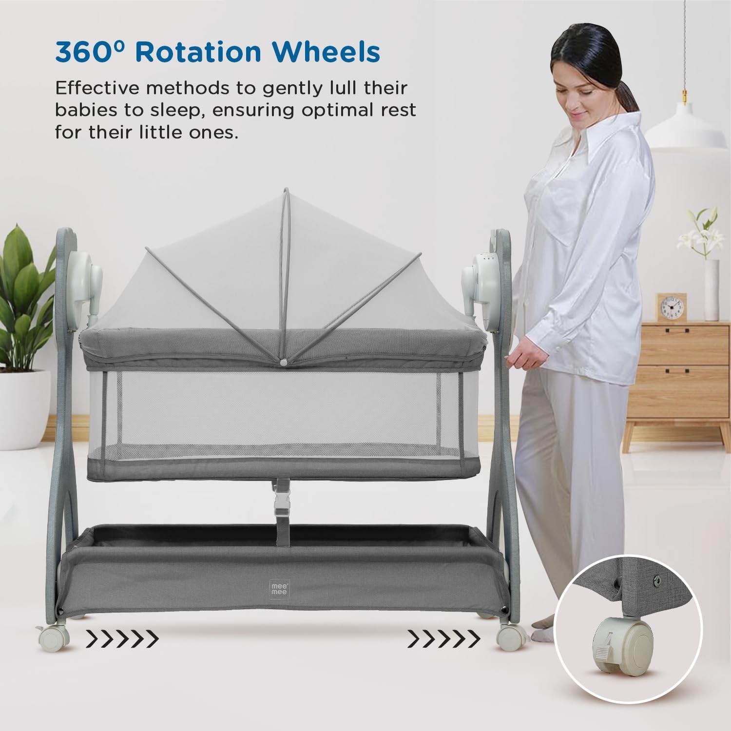 Mee Mee Sweet Love Electric Baby Swing Cradle – Remote Operated, 3-Level Swing Speeds, Portable Cot with Net & Cot Mobile, Suitable for Infants 0–1.5 Years (Grey) - Timbuktoon