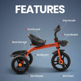 Baybee Geezee Baby Tricycle for Kids | Balanced Baby Trike with EVA Wheels & Dual Storage Baskets | Kids Cycle for Boys & Girls 2–5 Years (Orange)
