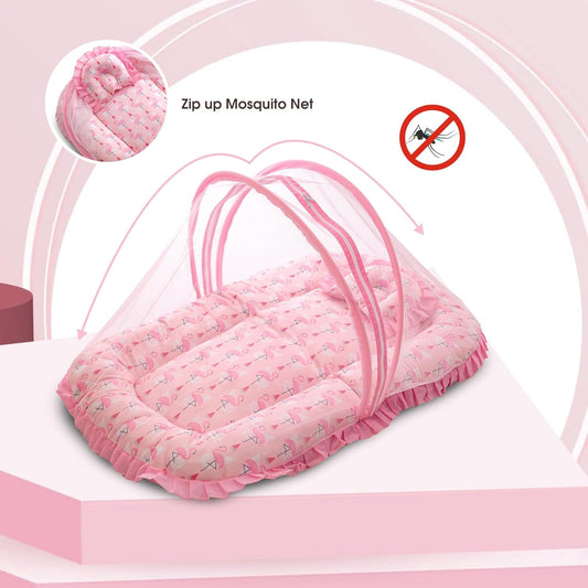 Mee Mee Padded Infant Mattress with Mosquito Canopy & Cushion – Flamingo Pattern