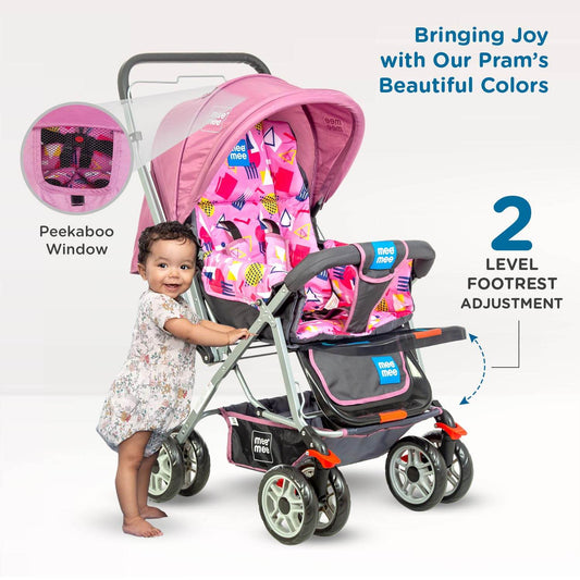 Mee Mee Little Explorer Premium Baby Stroller / Pram – 0 to 3 Years, Infant/Toddler, 5-Point Safety Belt, Reclining Seat, 360° Swivel Wheels, Spacious Storage Basket, Two-Way Handle, Mosquito Net (DX Purple) - Timbuktoon