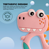 Baybee Silicone Baby Teether for Teething Gums | Manhattan Teething Rattle Toy with Loops Ring | 100% Food-Grade, BPA-Free Chew Teether for Infants (6–12 Months, Dinosaur Pink)