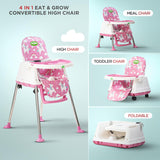 Baybee 4-in-1 Convertible High Chair for Kids | Foldable Baby Feeding Chair with Safety Harness, Adjustable Tray, Booster Seat & Recliner | Portable & Easy-to-Clean Dining Chair (Pink)