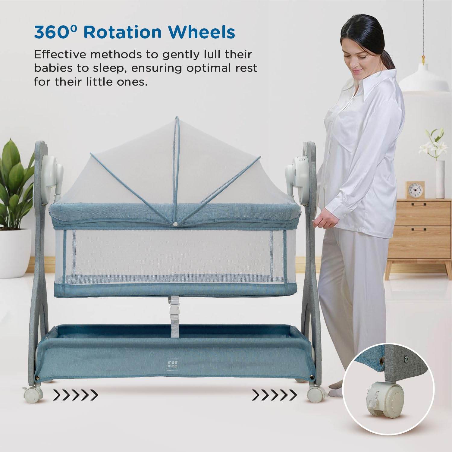 Mee Mee Sweet Love Auto-Swing Baby Cot – 3-Speed Remote Controlled Electric Cradle with Mosquito Cover & Toy Mobile, Lightweight Design, Up to 15 kg (Blue) - Timbuktoon