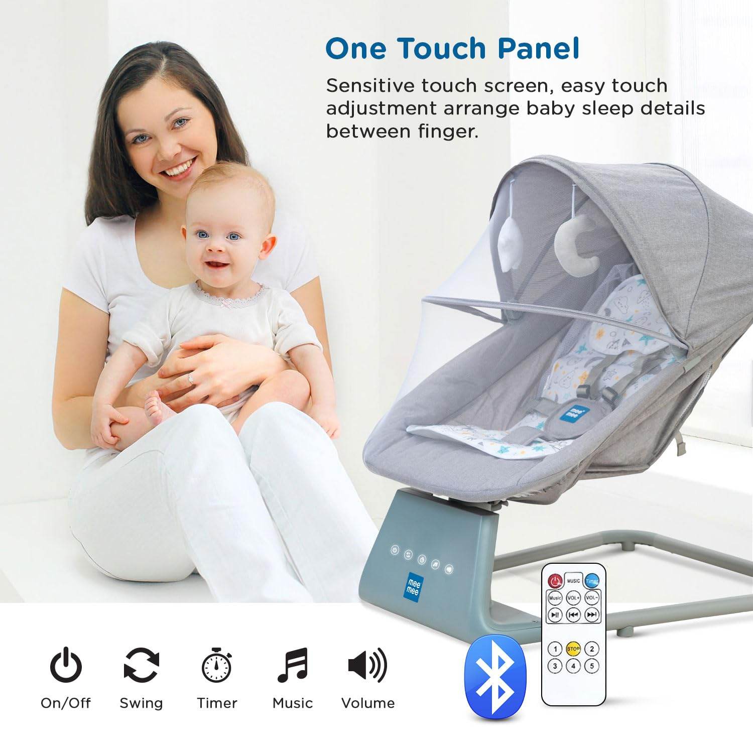 Mee Mee Automatic Baby Rocker & Swing Chair with Bluetooth Music, Remote Control, Timer, Safety Belt, Mosquito Net & Lightweight Design - Timbuktoon