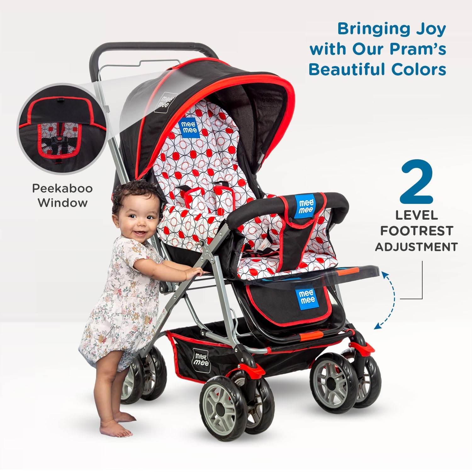 Mee Mee Little Explorer Premium Baby Stroller / Pram – 0 to 3 Years, Infant/Toddler, 5-Point Safety Belt, Reclining Seat, 360° Swivel Wheels, Spacious Storage Basket, Two-Way Handle, Mosquito Net (Dotted Red) - Timbuktoon