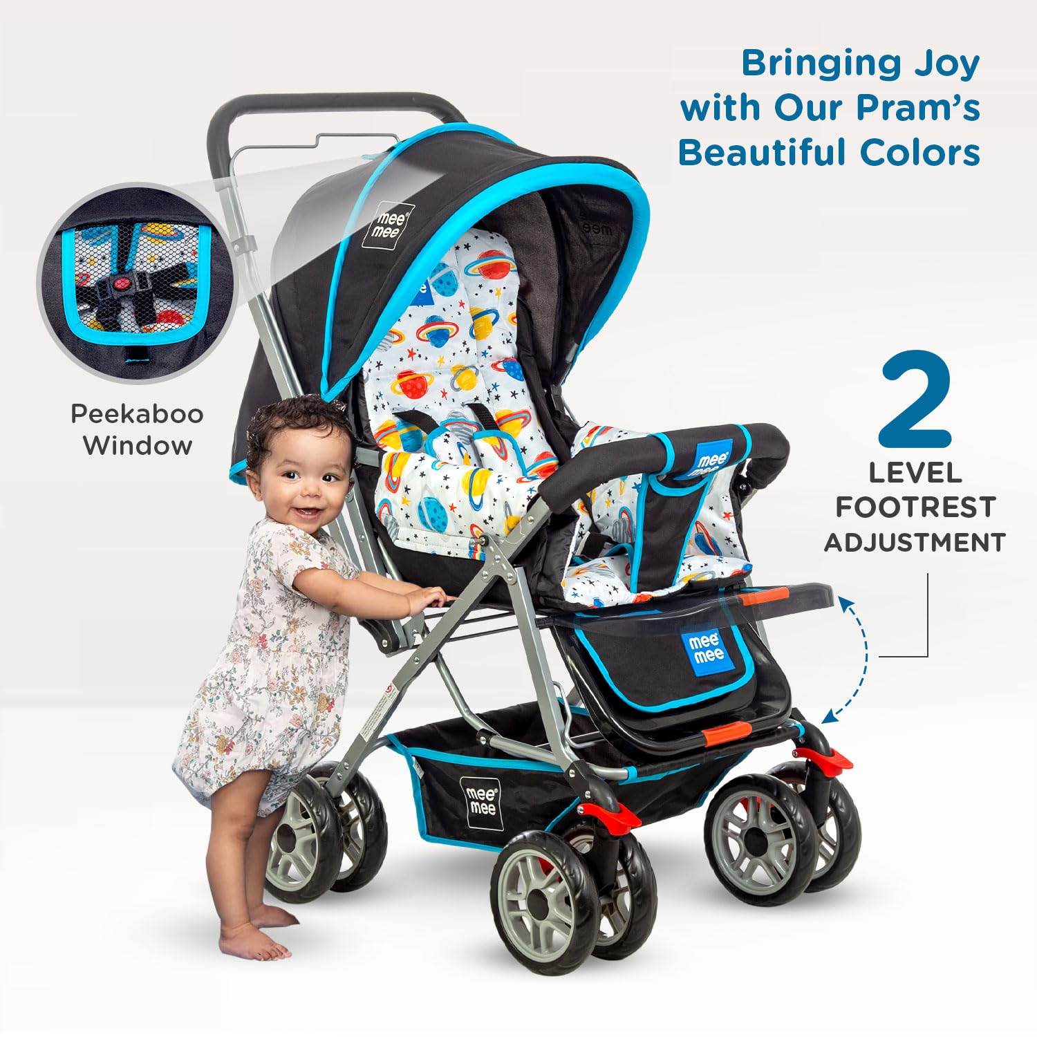 Mee Mee Little Explorer Advanced Infant Pram & Pushchair – Suitable for Newborn to 3 Years, Secure Harness, Adjustable Recline, All-Direction Wheels, Large Under-Seat Basket, Reversible Grip, Net Cover (DX Blue) - Timbuktoon