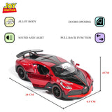 Joy Junction Bugatti Model Car 1:32 – Exclusive Alloy Metal Pull Back Die-cast Toy Car with Openable Doors, Light & Music (Red)