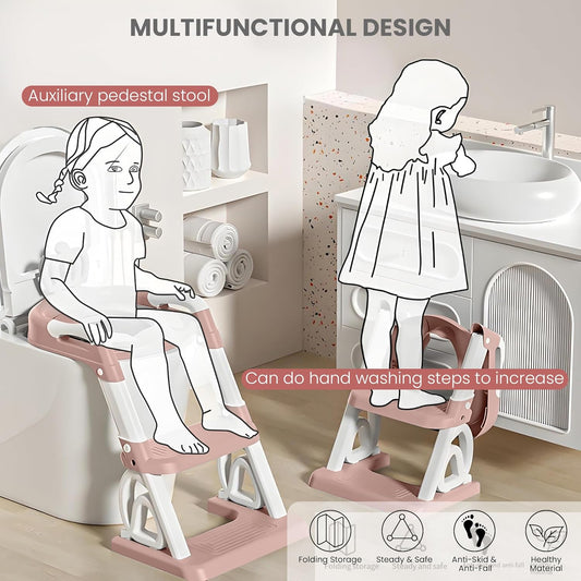 Baybee Crown Western Toilet Potty Seat for Kids | Baby Potty Training Seat with Ladder, Adjustable Step Height & Soft Cushion | Toddler Toilet Training Seat Chair for Boys & Girls 1-8 Years (Pink)