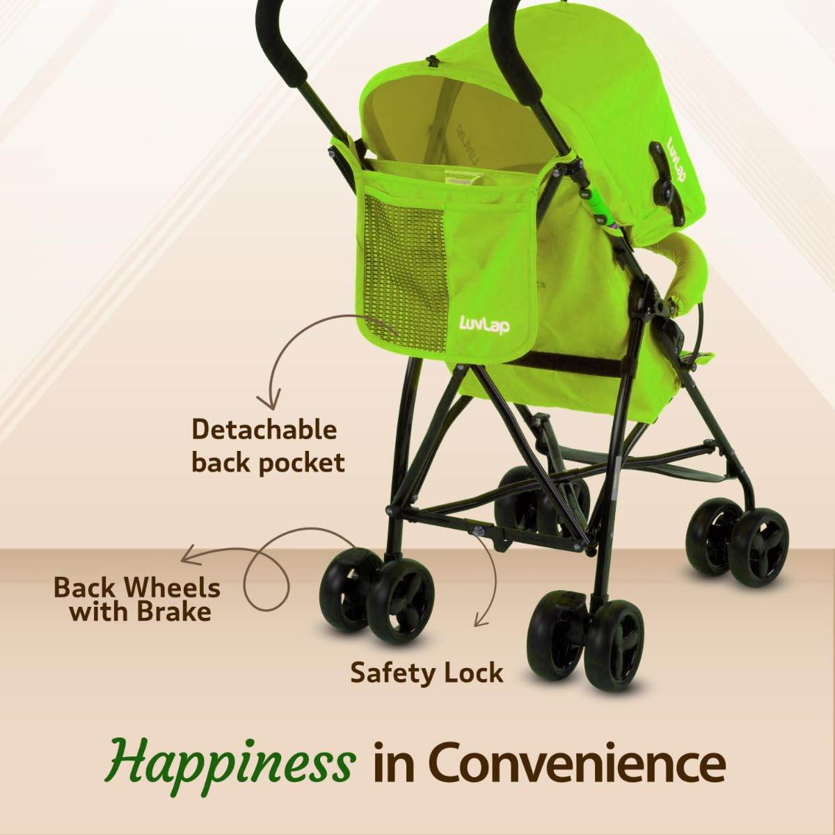 LuvLap Tutti Fruti Stroller for 6–36 Months – Portable & Foldable Baby Pram with Safety Belt, Recliner Seat & Sunshade (Green) - Timbuktoon