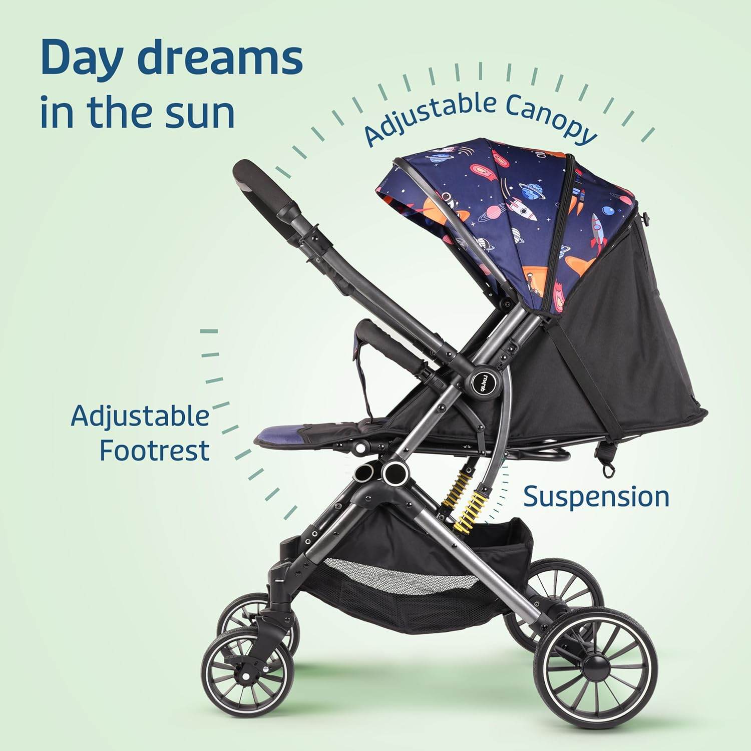 LuvLap Alpha Baby Stroller – One-Hand Fold, Reversible Handlebar, Multi-Position Recline & Adjustable Footrest, for 0–3 Years (Blue) - Timbuktoon