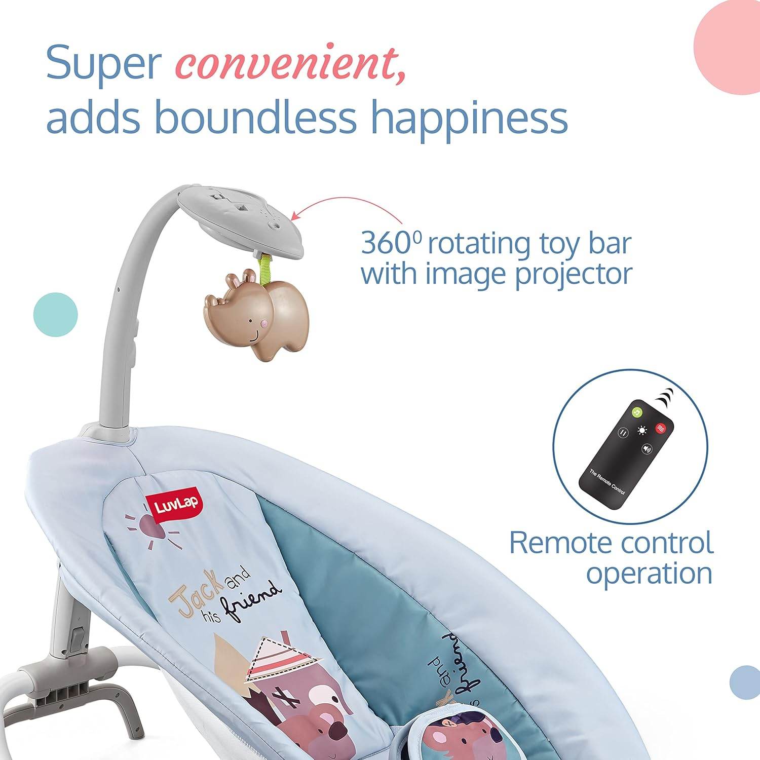 LuvLap Joy-N-Giggles Infant Rocker – Gentle Vibration, Soft Music, Rotating Toy Bar & Remote Control, 3-Point Harness (Grey) - Timbuktoon