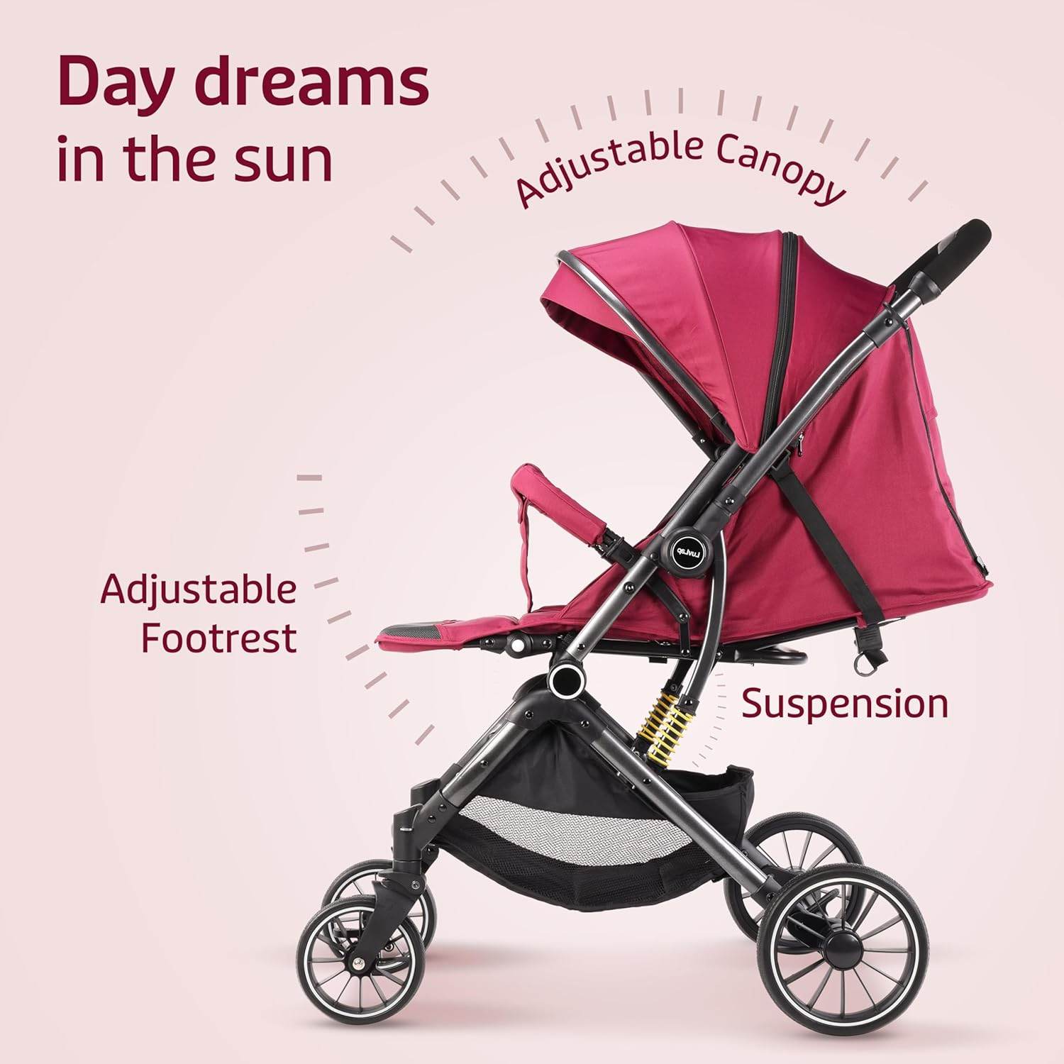 LuvLap Alpha Baby Stroller – Easy One-Fold Pram with Reversible Handle, Adjustable Recline & Footrest, for 0–3 Years (Red) - Timbuktoon