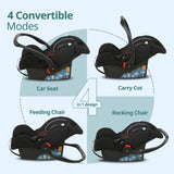 LuvLap 4-in-1 Convertible Baby Car Seat – Carry Cot, Rocker & Feeding Chair with Canopy & 5-Point Harness, for 0–15 Months, Up to 13 kg (Black) - Timbuktoon