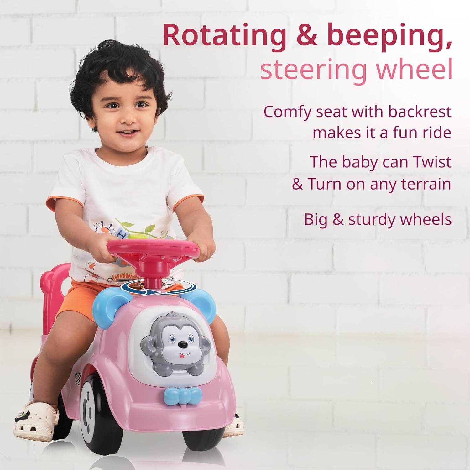 LuvLap Sunny Baby Ride-On – Musical Push Car with Steering Horn, Big Wheels, Storage Space & Safety Rails, for 1 to 3 Yrs (Pink) - Timbuktoon