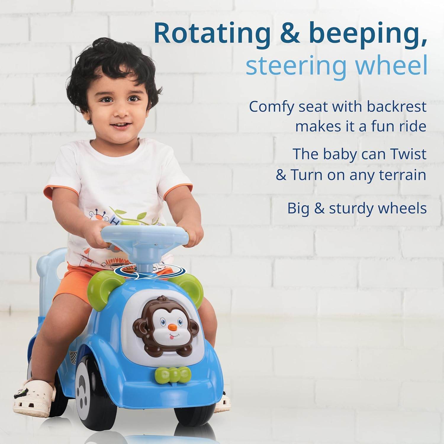 LuvLap Sunny Baby Push Ride-On – Musical Car with Steering Horn, Protective Rails, Seat Storage & Large Wheels (Blue) - Timbuktoon