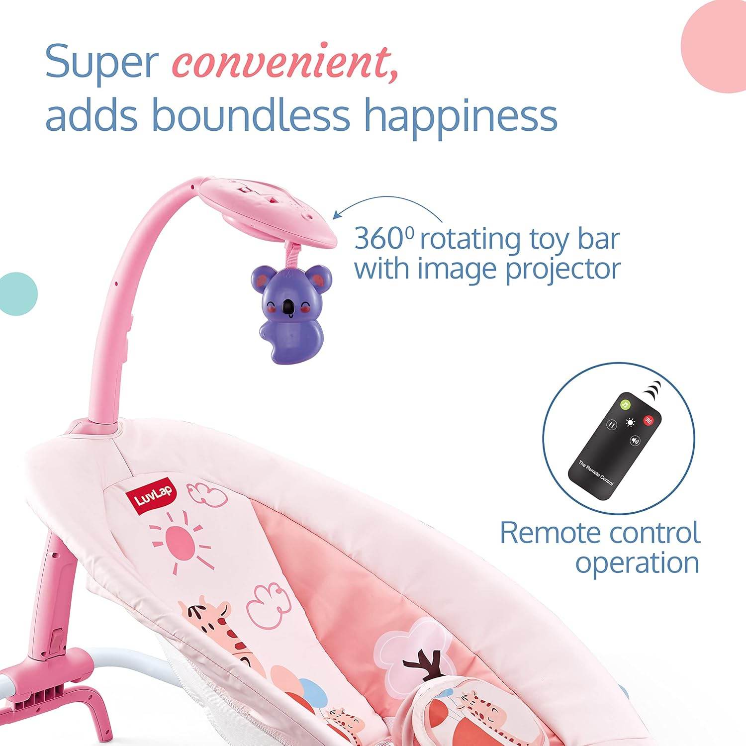 LuvLap Joy-N-Giggles Infant Rocker – Gentle Vibration, Soft Music, Rotating Toy Bar & Remote Control, 3-Point Harness (Pink) - Timbuktoon