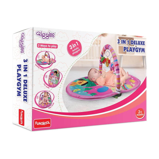 Funskool Giggles - Deluxe Play Gym, Pink Colour Activity Playgym, 3 in 1 Modes of Play, with Arch and 3 Toys, Easy to Clean and wash, for 2 Month + Upto 6 Months. - Timbuktoon