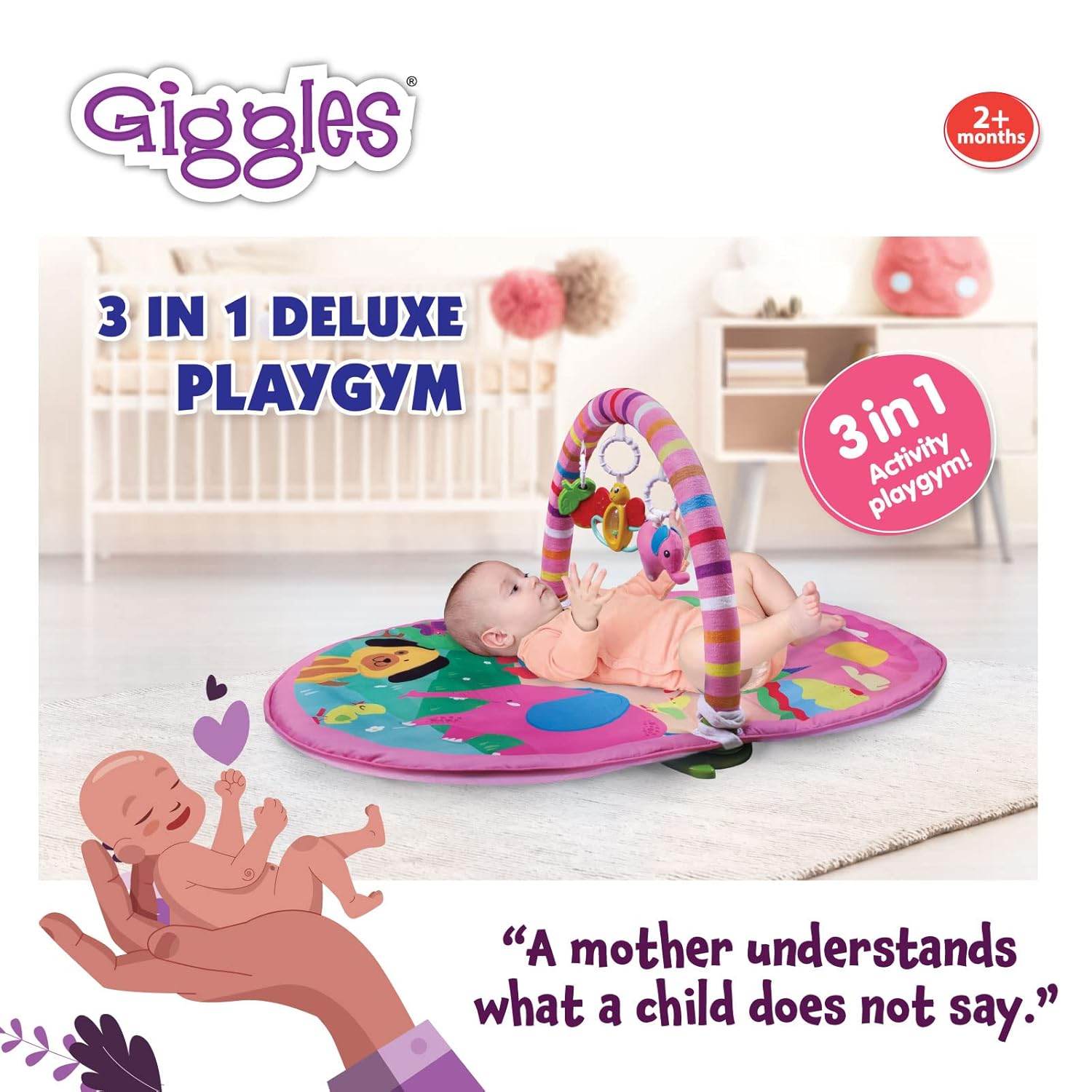 Funskool Giggles - Deluxe Play Gym, Pink Colour Activity Playgym, 3 in 1 Modes of Play, with Arch and 3 Toys, Easy to Clean and wash, for 2 Month + Upto 6 Months. - Timbuktoon