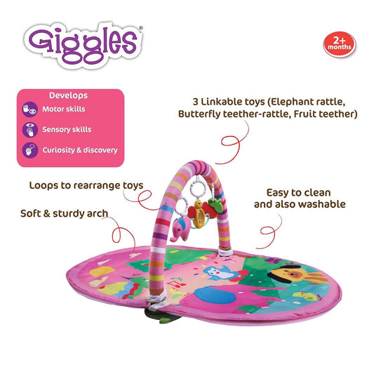 Funskool Giggles - Deluxe Play Gym, Pink Colour Activity Playgym, 3 in 1 Modes of Play, with Arch and 3 Toys, Easy to Clean and wash, for 2 Month + Upto 6 Months. - Timbuktoon