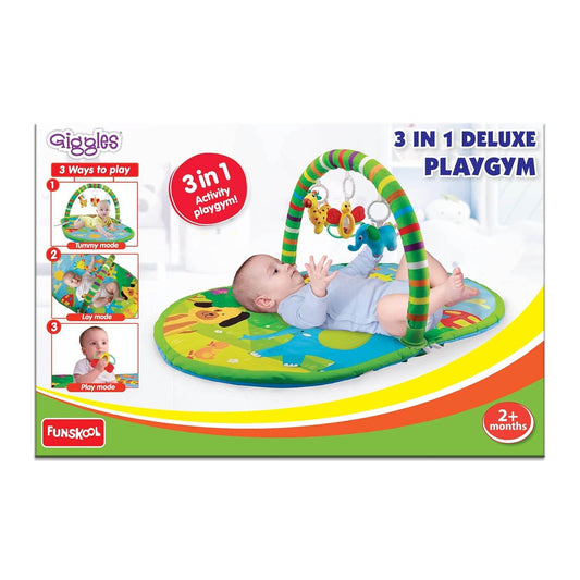 Giggles Funskool 3in1 Deluxe Playgym, Animal Printed Soft & Comfy Activity Mat for Tummy Time, Fun & Development Toy for Babies, Infants, Multicolour, Gift Set for Kids, Age 2+ Months - Timbuktoon