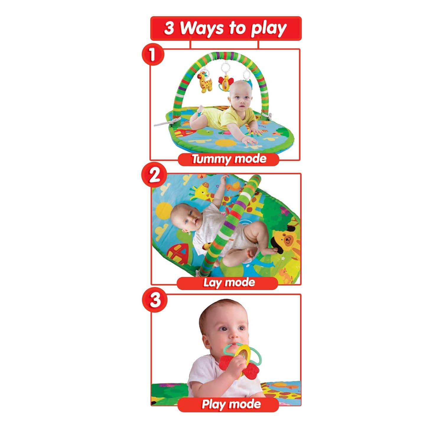 Giggles Funskool 3in1 Deluxe Playgym, Animal Printed Soft & Comfy Activity Mat for Tummy Time, Fun & Development Toy for Babies, Infants, Multicolour, Gift Set for Kids, Age 2+ Months - Timbuktoon