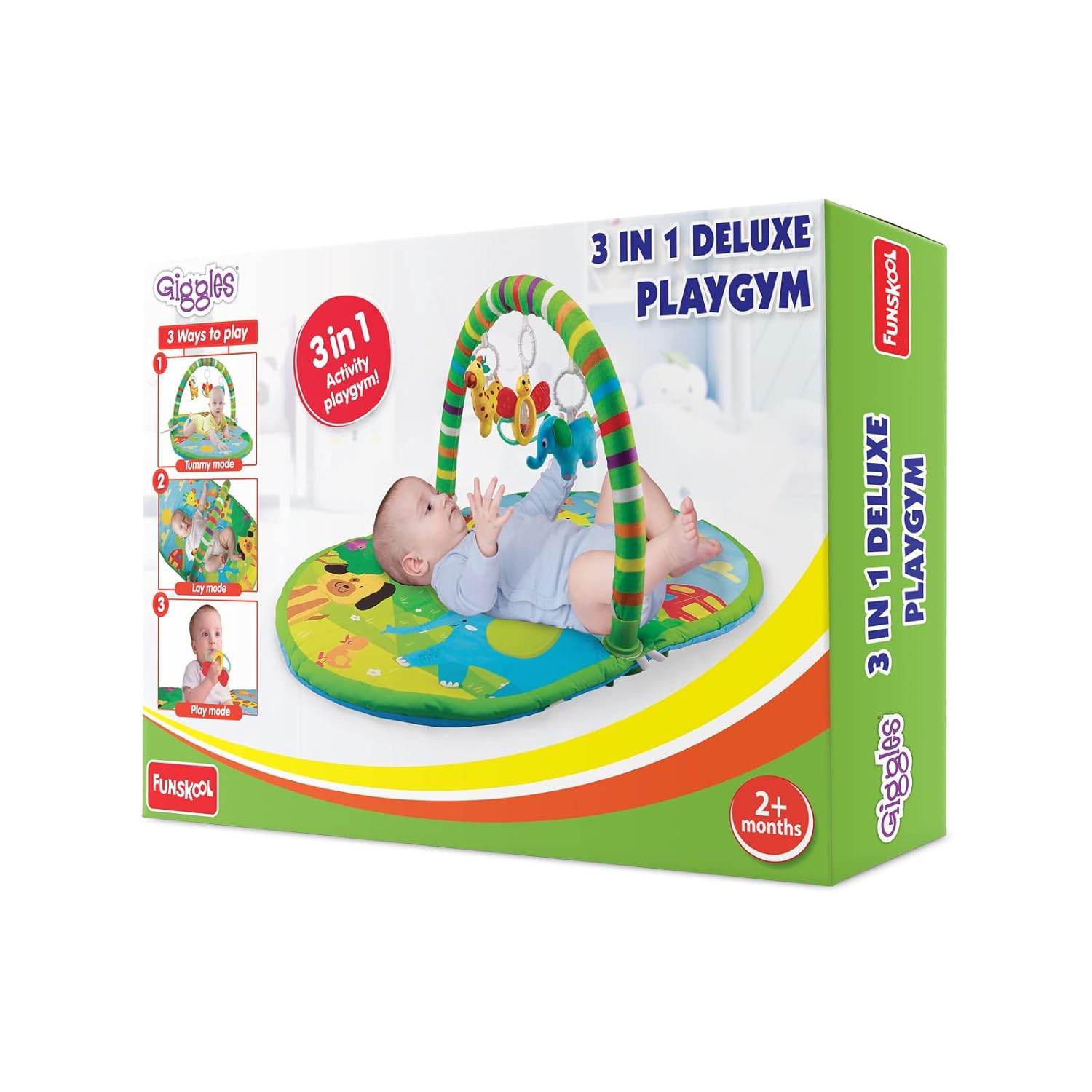 Giggles Funskool 3in1 Deluxe Playgym, Animal Printed Soft & Comfy Activity Mat for Tummy Time, Fun & Development Toy for Babies, Infants, Multicolour, Gift Set for Kids, Age 2+ Months - Timbuktoon