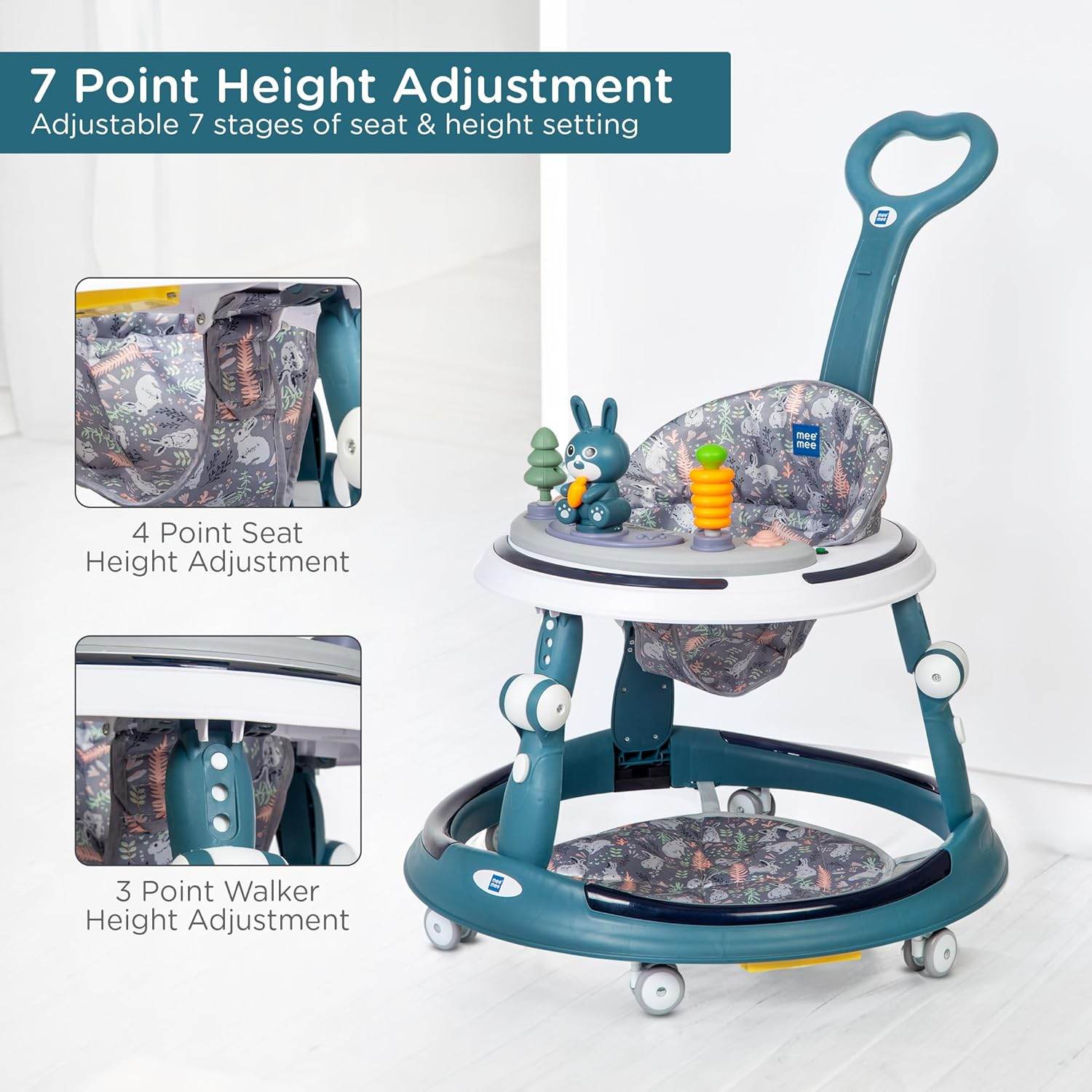 Mee Mee Premium Adjustable Baby Walker – 7 Height Levels, Removable Foot Mat, Musical Play Tray, Cushioned High Backrest, 360° Swivel, 6–24 Months, Up to 15 kg (Blue) - Timbuktoon