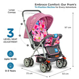 Mee Mee Little Explorer Premium Baby Stroller / Pram – 0 to 3 Years, Infant/Toddler, 5-Point Safety Belt, Reclining Seat, 360° Swivel Wheels, Spacious Storage Basket, Two-Way Handle, Mosquito Net (DX Purple) - Timbuktoon