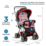 Mee Mee Little Explorer Premium Baby Stroller / Pram – 0 to 3 Years, Infant/Toddler, 5-Point Safety Belt, Reclining Seat, 360° Swivel Wheels, Spacious Storage Basket, Two-Way Handle, Mosquito Net (Dotted Red) - Timbuktoon