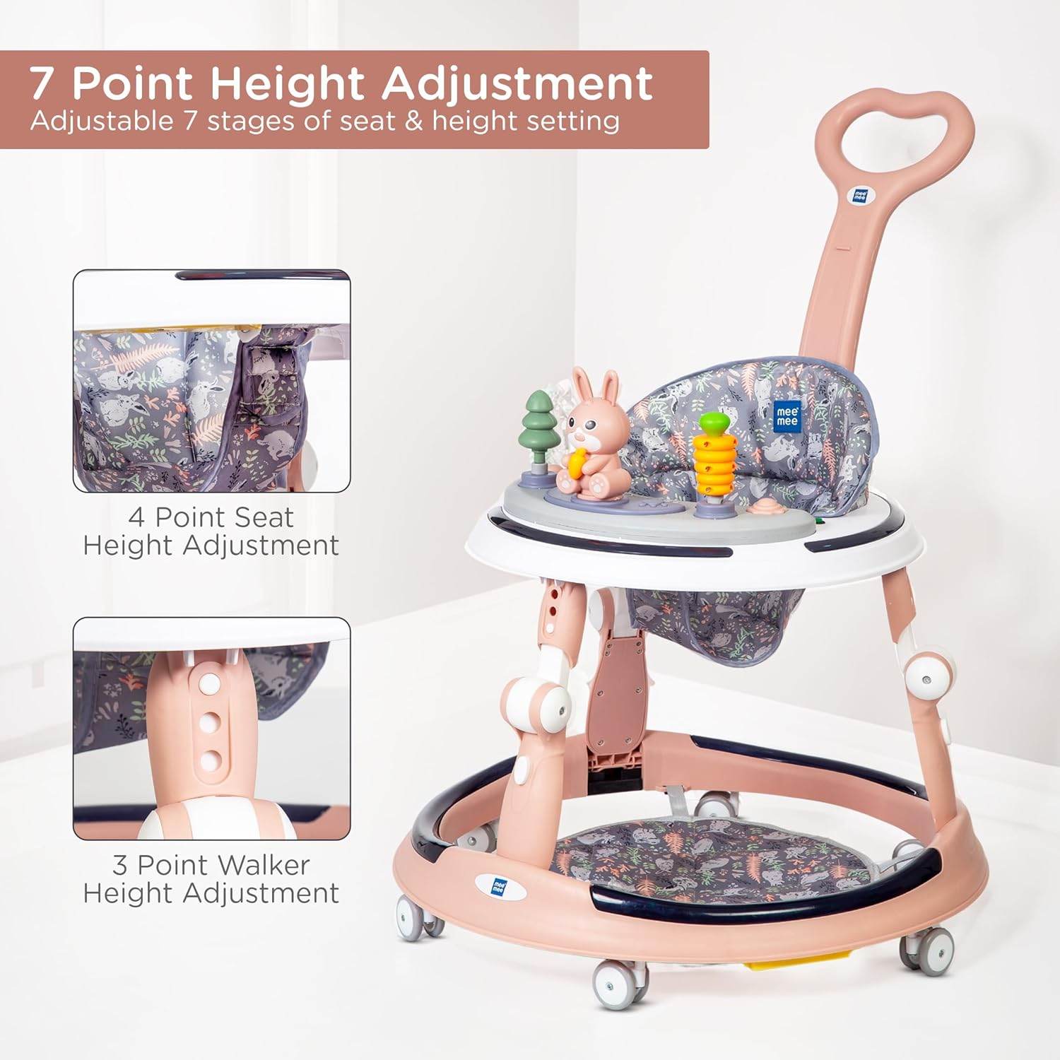 Mee Mee Premium Adjustable Baby Walker – 7 Height Levels, Detachable Foot Mat, Musical Play Tray, Cushioned High Backrest, 360° Swivel Wheels, 6–24 Months, Up to 15 kg (Pink) - Timbuktoon