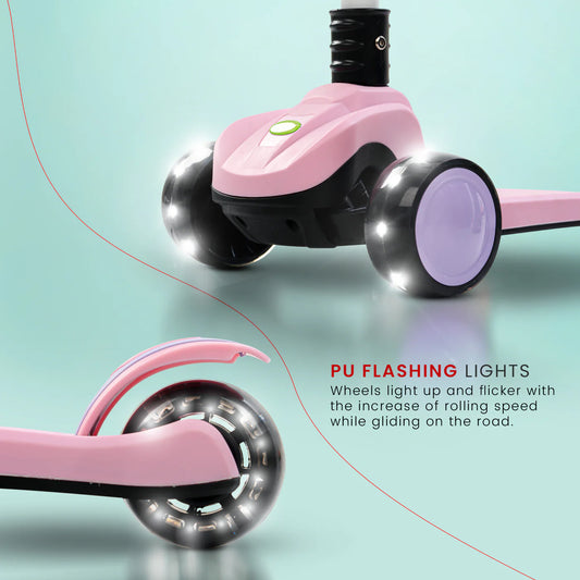 Baybee Phantom Baby Kick Scooter for Kids | Foldable 3-Wheel Kids Scooter with 3 Height Adjustable Handle, Music, LED PU Wheels & Brake | Runner Skating Scooter for Boys & Girls 2–10 Years (Pink)