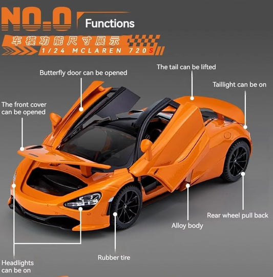 Joy Junction 1:24 Scale Alloy Die-cast Model Car – Pull Back Toy Car with Openable Doors, Lights & Music | Exclusive Metal Car for Kids & Collectors (Orange)