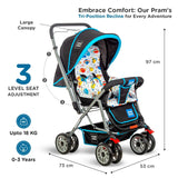 Mee Mee Little Explorer Advanced Infant Pram & Pushchair – Suitable for Newborn to 3 Years, Secure Harness, Adjustable Recline, All-Direction Wheels, Large Under-Seat Basket, Reversible Grip, Net Cover (DX Blue) - Timbuktoon