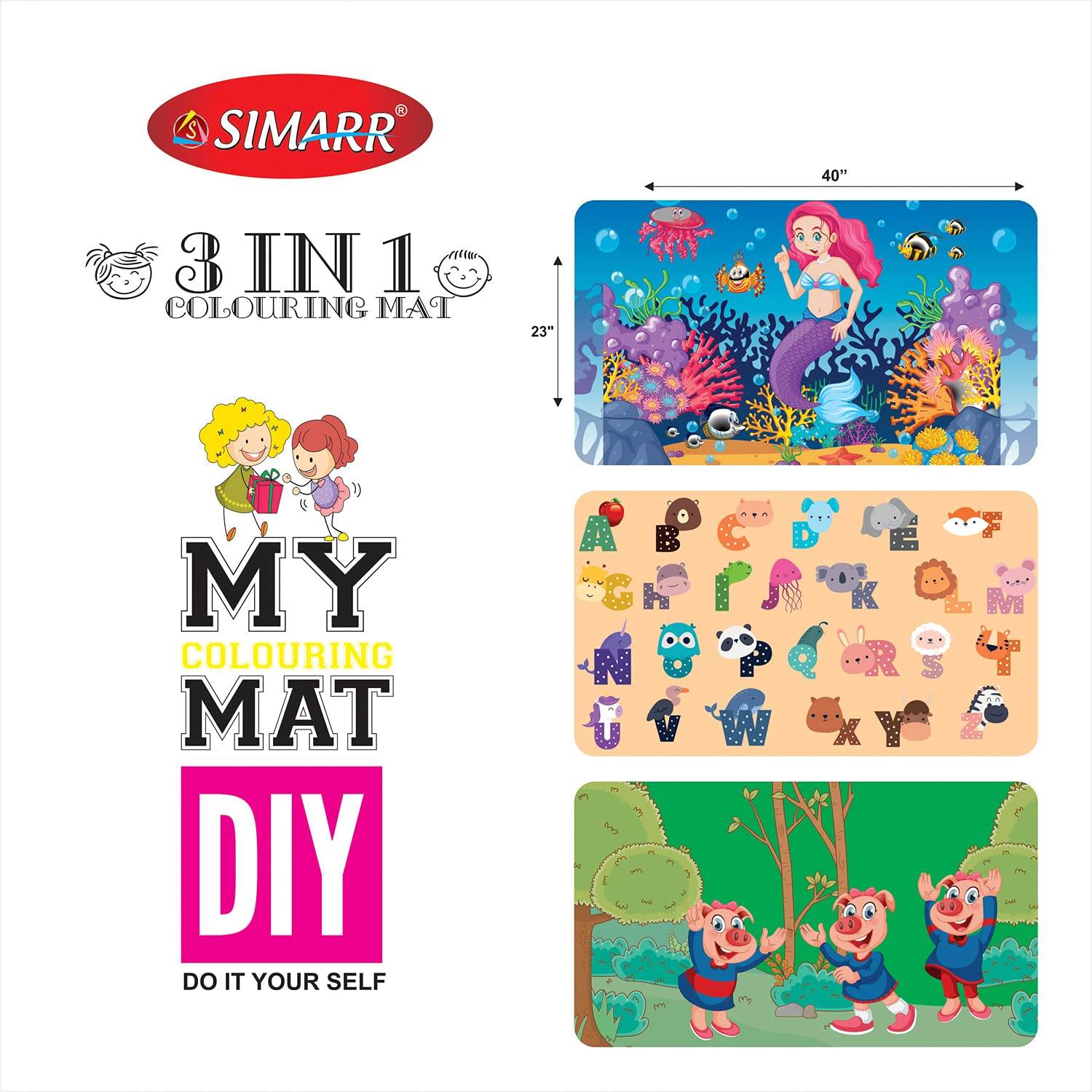 Simmar Jumbo Colouring Mat Set – 3 Reusable, Washable Mats for Kids Includes 12 Sketch Pens | Learning & Doodle Fun for Ages 3+ - Timbuktoon