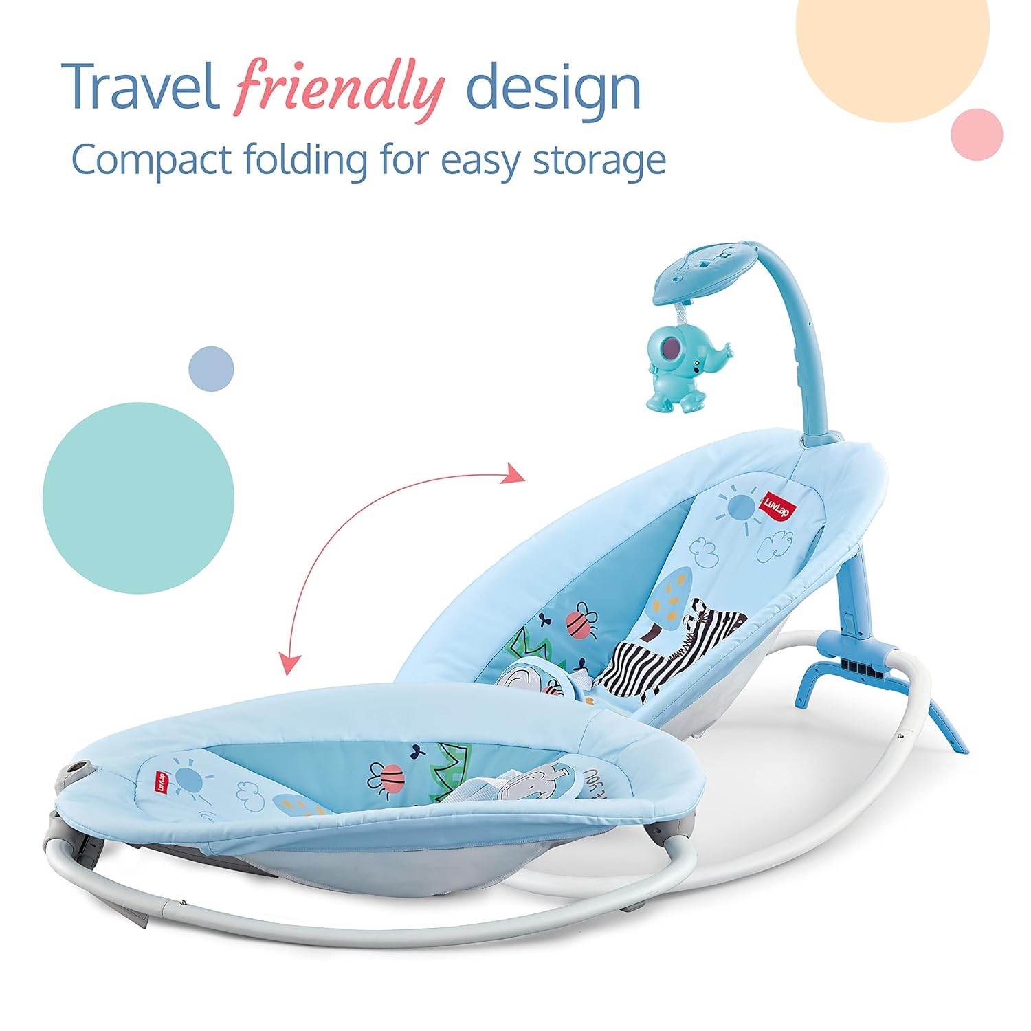 LuvLap Joy-N-Giggles Infant Rocker – Gentle Vibration, Soft Music, Rotating Toy Bar & Remote Control, 3-Point Harness (Blue) - Timbuktoon