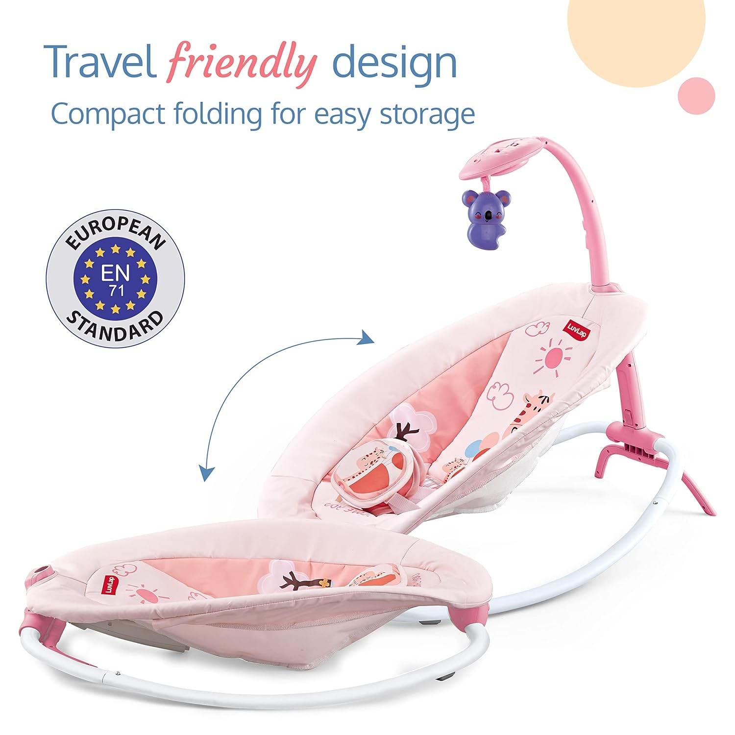 LuvLap Joy-N-Giggles Infant Rocker – Gentle Vibration, Soft Music, Rotating Toy Bar & Remote Control, 3-Point Harness (Pink) - Timbuktoon