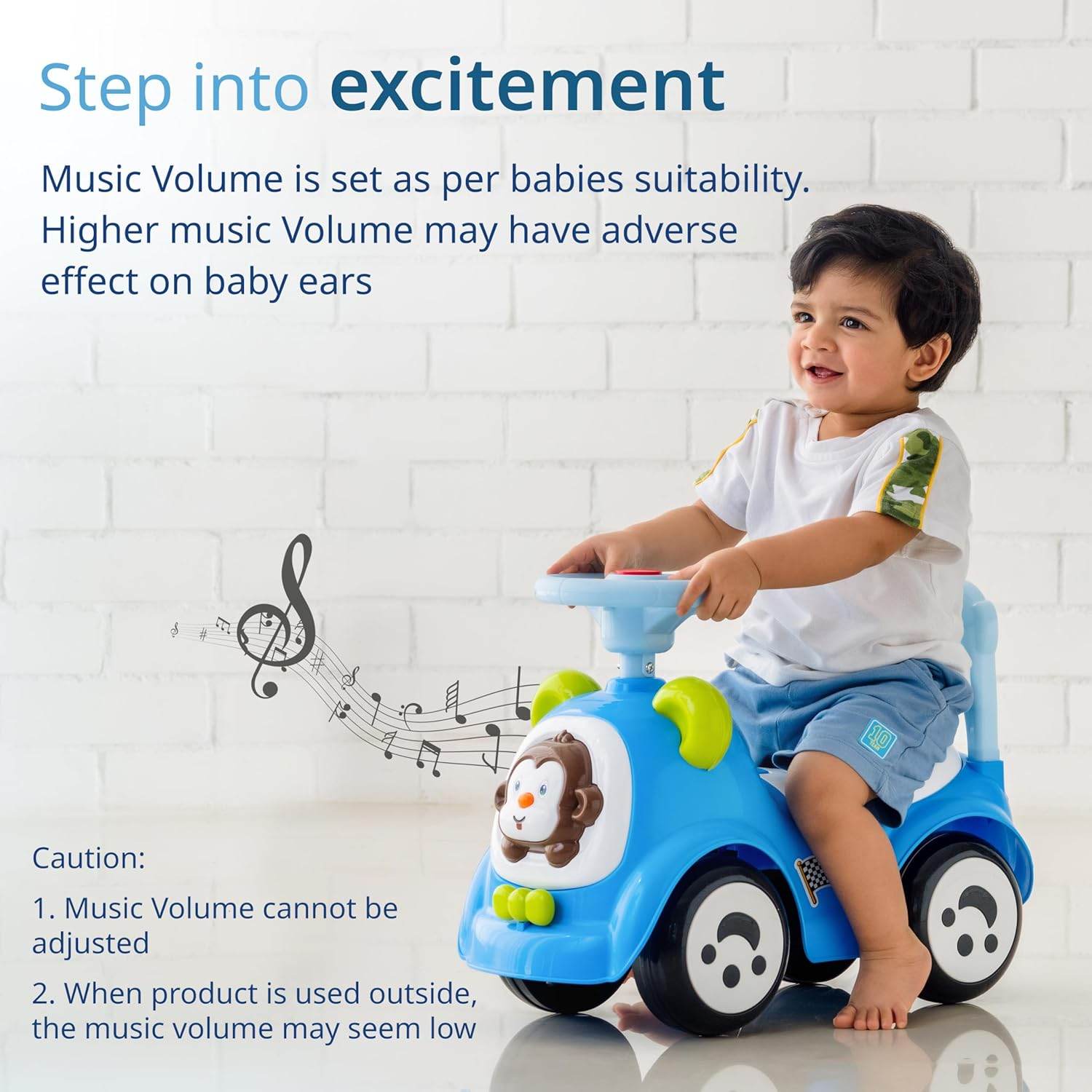 LuvLap Sunny Baby Push Ride-On – Musical Car with Steering Horn, Protective Rails, Seat Storage & Large Wheels (Blue) - Timbuktoon