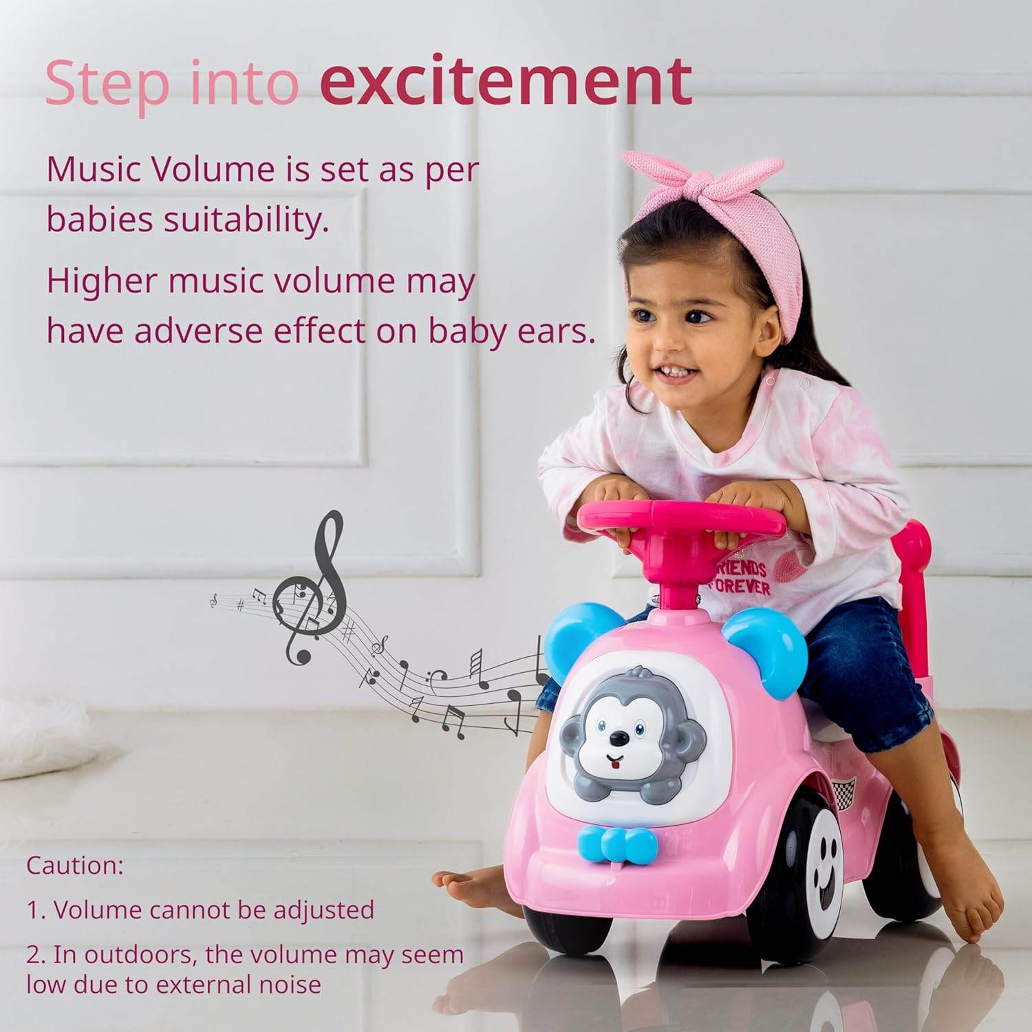 LuvLap Sunny Baby Ride-On – Musical Push Car with Steering Horn, Big Wheels, Storage Space & Safety Rails, for 1 to 3 Yrs (Pink) - Timbuktoon