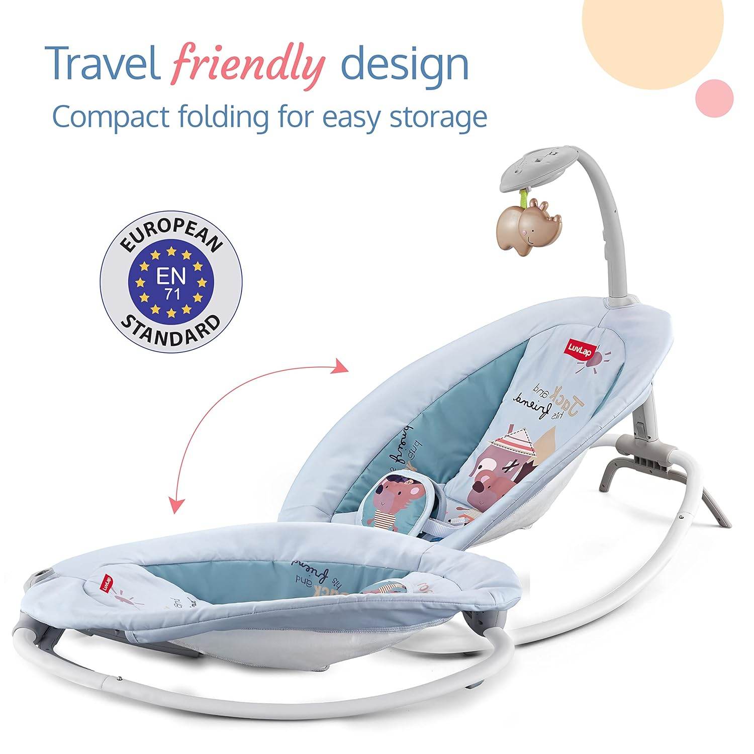 LuvLap Joy-N-Giggles Infant Rocker – Gentle Vibration, Soft Music, Rotating Toy Bar & Remote Control, 3-Point Harness (Grey) - Timbuktoon